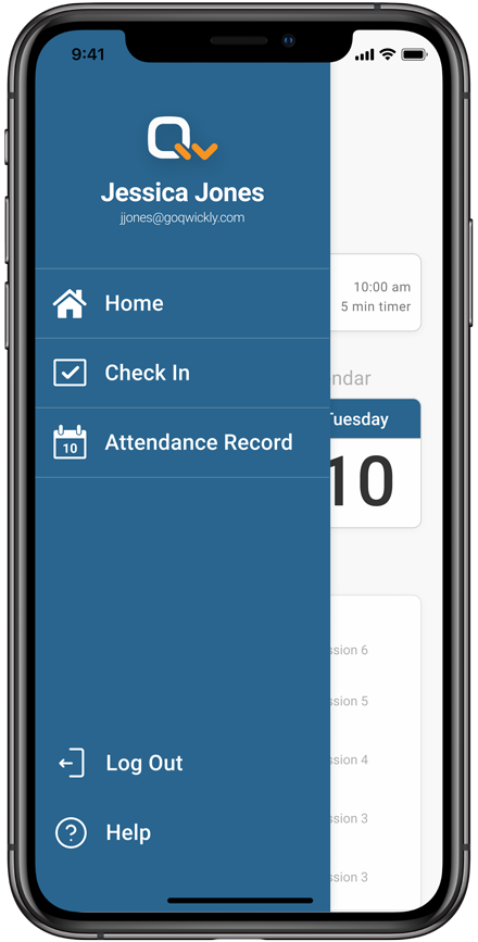 An Iphone displaying the Qwickly Attendance Student App.