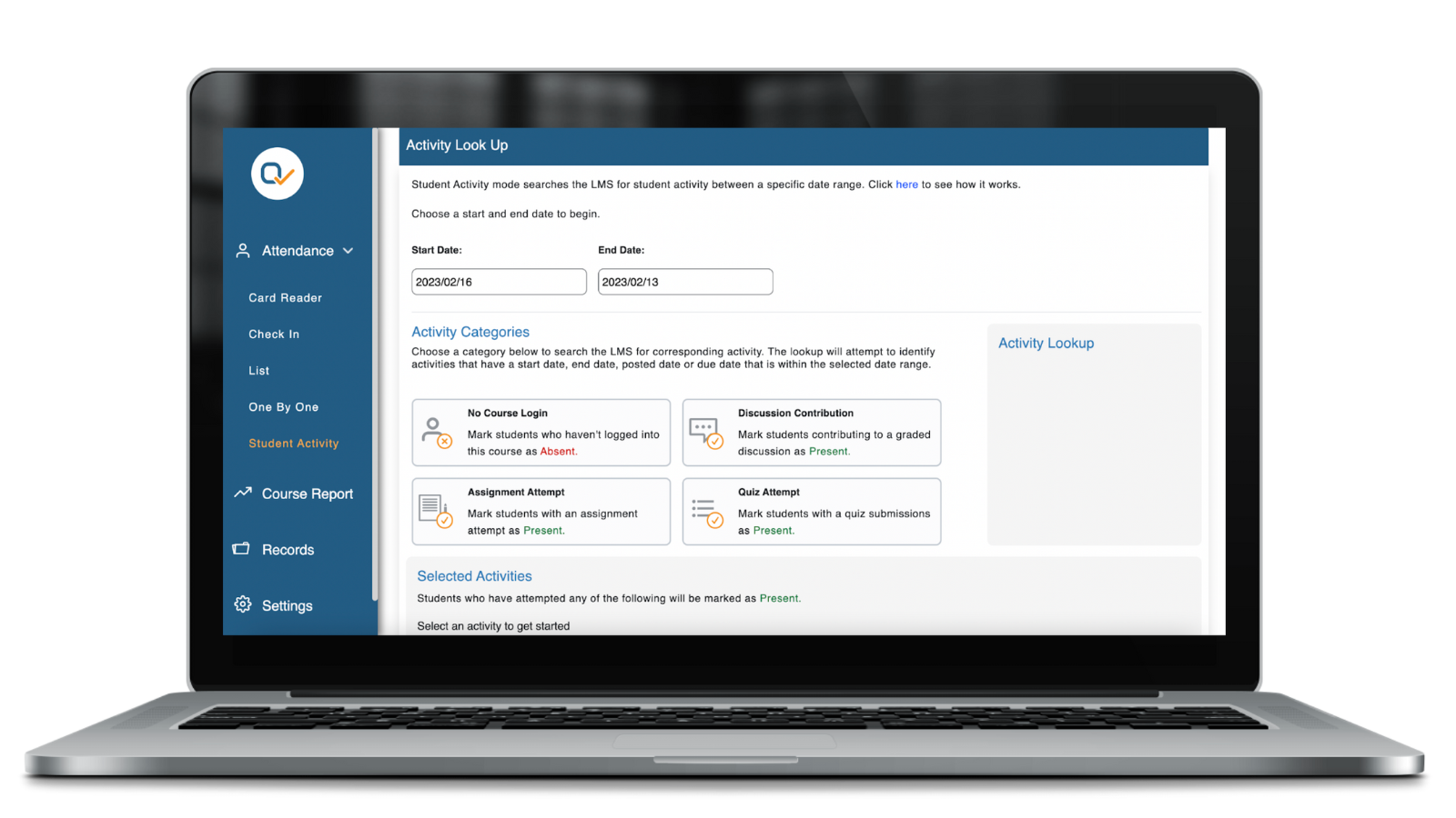A laptop screen displaying Student Activity Mode.